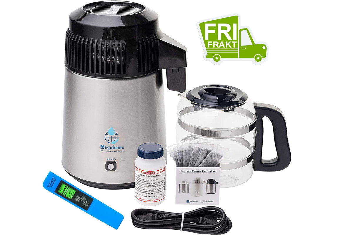 Megahome 304 Deluxe destillasjonsapparat for ferskvann, sort topp, glassmugge