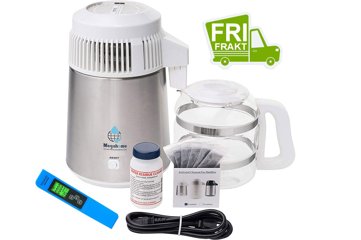 Megahome 316 Deluxe destillasjonsapparat for ferskvann og saltvann, hvit topp, glassmugge