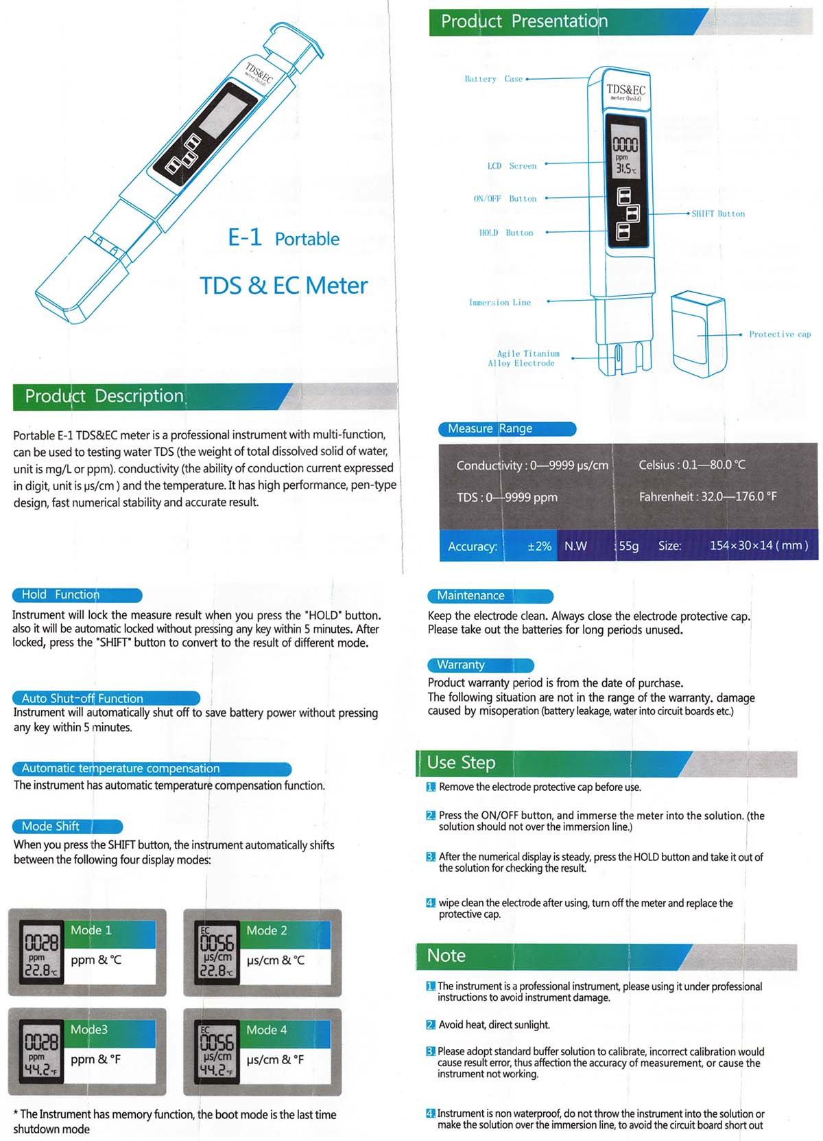 TDS og EC måler, tester vannkvalitet / renhet