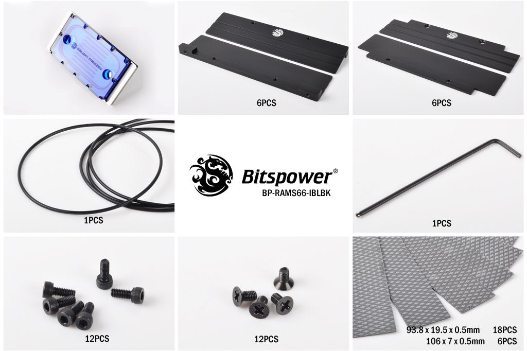 Bitspower vannblokk, RAM, 6 DIMM, kobber/nikkel, klar blå akryl
