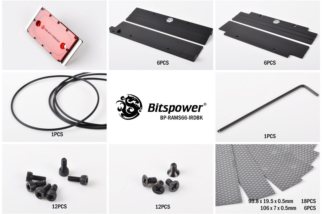 Bitspower vannblokk, RAM, 6 DIMM, kobber/nikkel, klar rød akryl