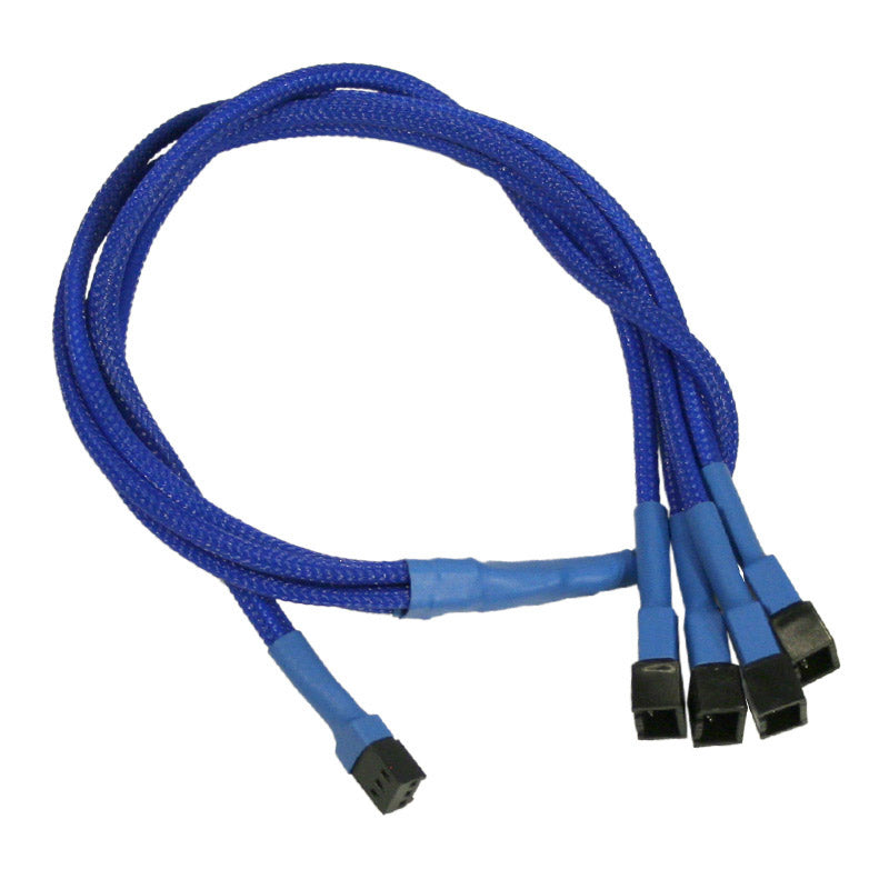 Forgrener, 3 pins vifte til 4x3 pins vifte, kabelstrømpe, 60 cm, blå