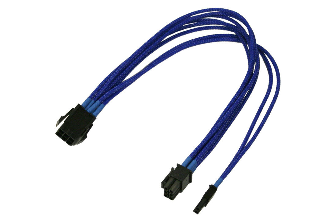Adapter, 6 pins PCIe til 6+2 pins PCIe, lederstrømper, 30 cm, blå