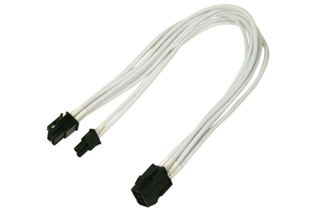 Adapter, 6 pins PCIe til 6+2 pins PCIe, lederstrømper, 30 cm, hvit