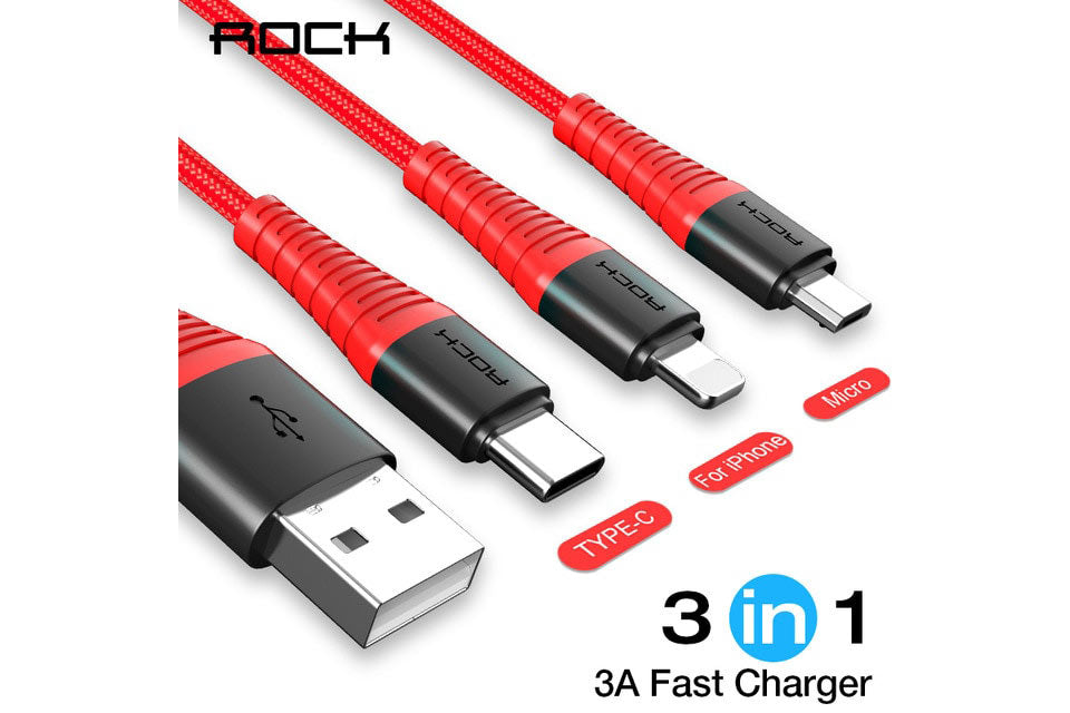 ROCK USB kabel, USB A til microUSB/USB-C/Lightning, 1.2 meter Default Title