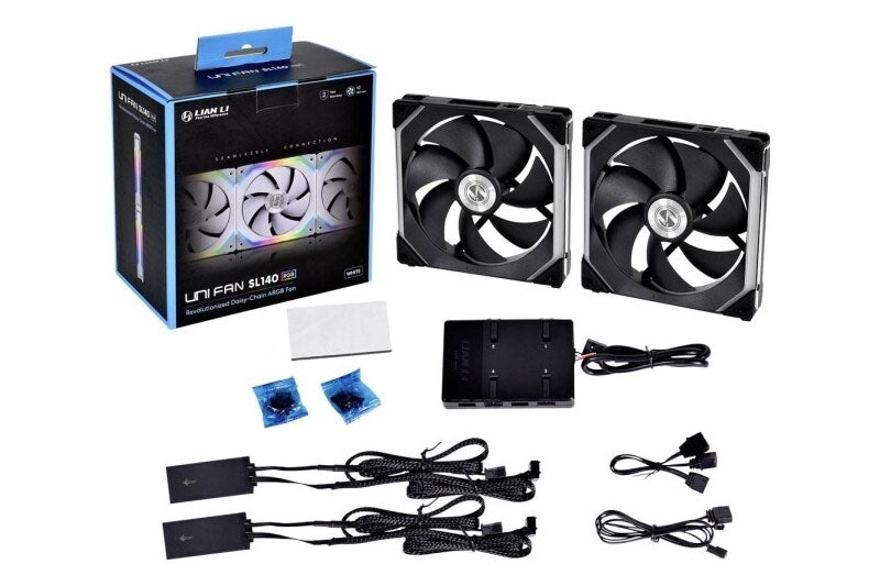 Lian Li viftesett, UNI FAN SL140 RGB PWM Fans, 2 Pack, black - 140 mm